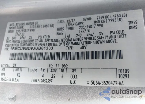 2018 Ford Escape Se from USA, damaged, VIN 1FMCU9GD9JUB01333